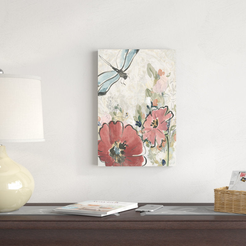 Spring Meadow Floral Oil Painting with Dragonfly Accent