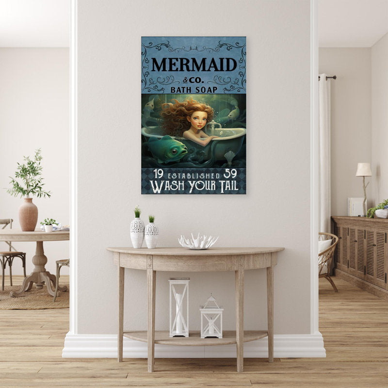 Mermaid Bath Soap Graphic Art Print on Wrapped Canvas for Ocean Lovers