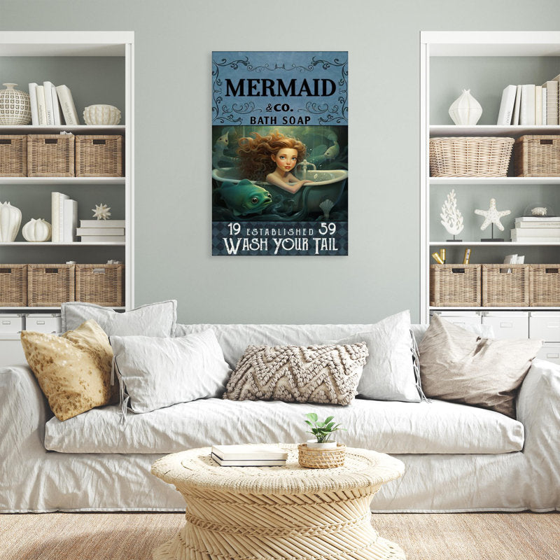 Mermaid Bath Soap Graphic Art Print on Wrapped Canvas for Ocean Lovers