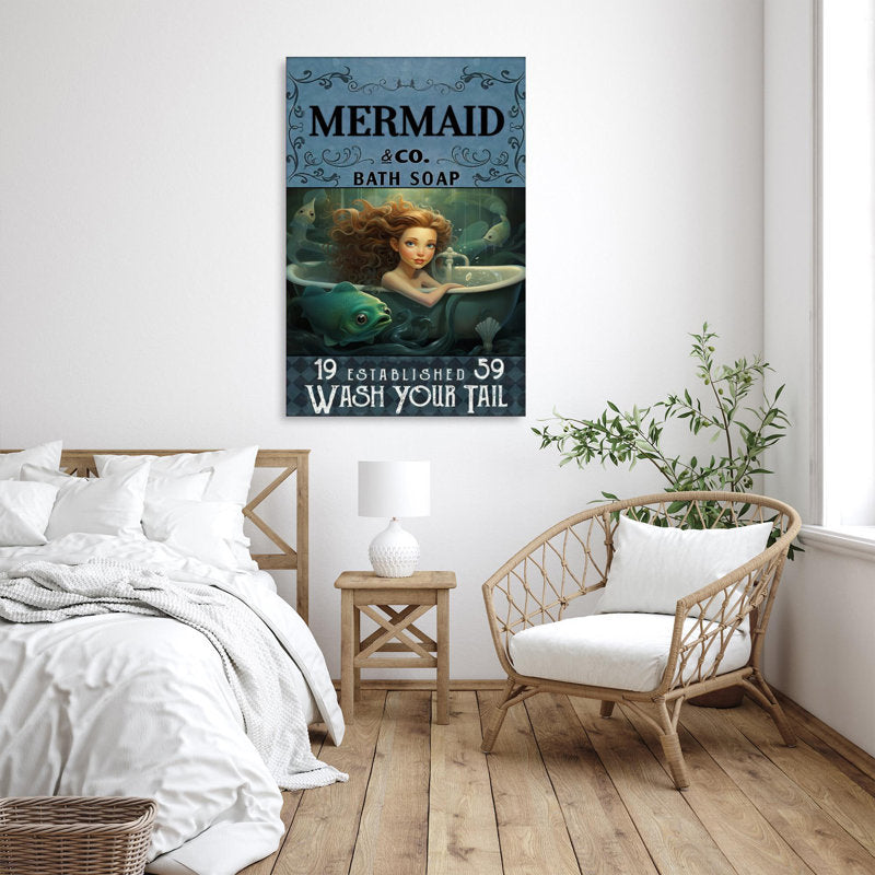 Mermaid Bath Soap Graphic Art Print on Wrapped Canvas for Ocean Lovers
