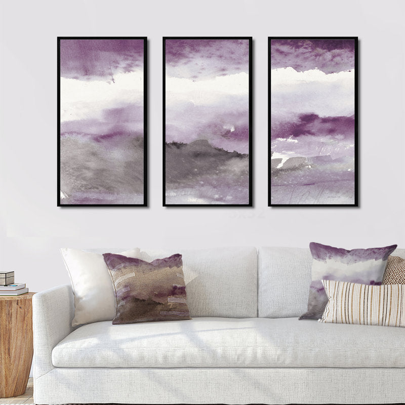 Amethyst and Gray Abstract Oil Painting Triptych for Modern Home Decor