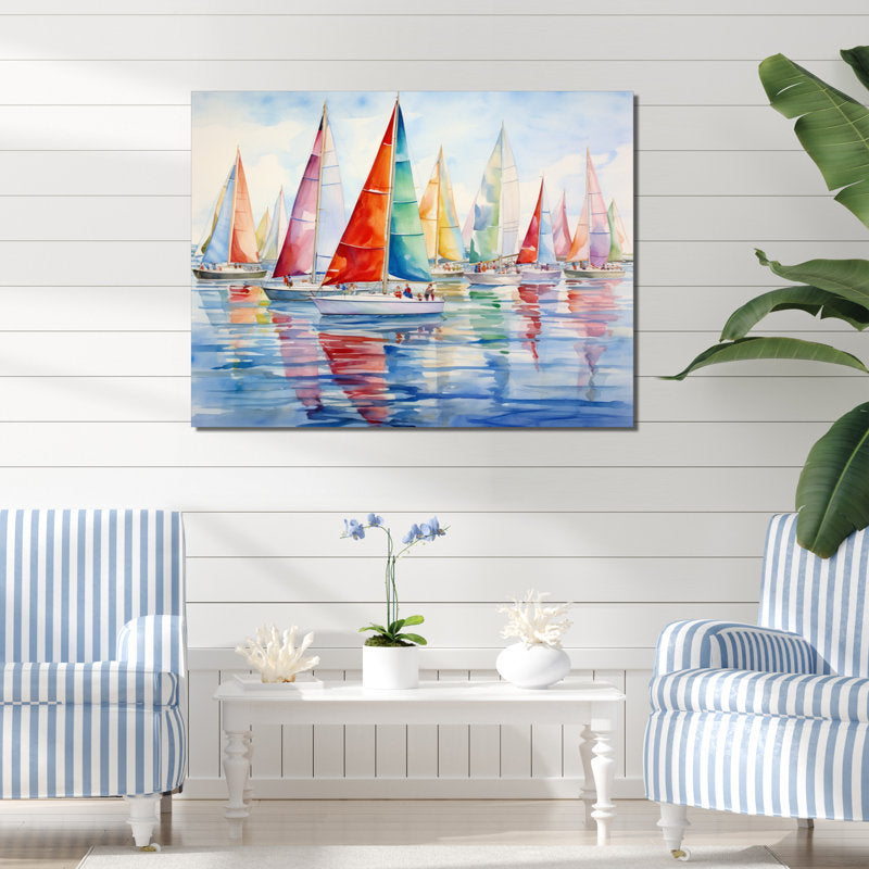 Colorful Sailing Regatta Oil Painting on Watercolor Canvas