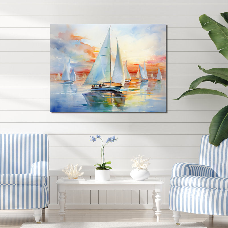 Sailing Serenity: Vibrant Oil Painting of Colorful Regatta on Calm Waters