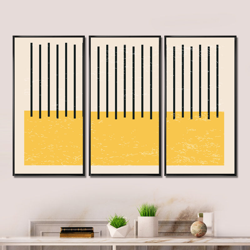 Abstract Geometric Art Triptych with Minimalist Yellow and Black Design