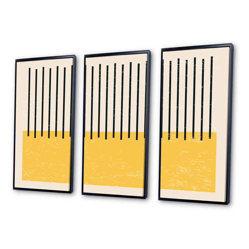Abstract Geometric Art Triptych with Minimalist Yellow and Black Design