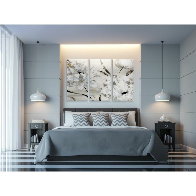 Elegant White Floral Triptych Canvas Art for Modern Home Decor