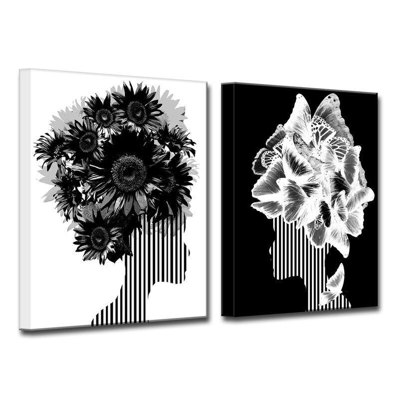 Elegant Floral and Butterfly Silhouettes - Modern Black and White Wall Art Set