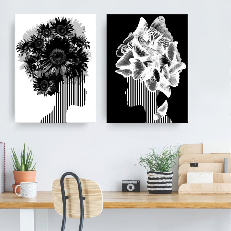 Elegant Floral and Butterfly Silhouettes - Modern Black and White Wall Art Set