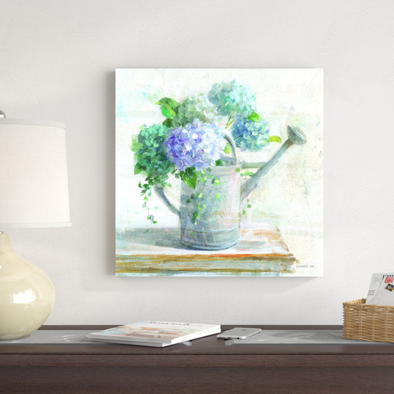 Vibrant Blue Hydrangeas in Vintage Watering Can Oil Painting