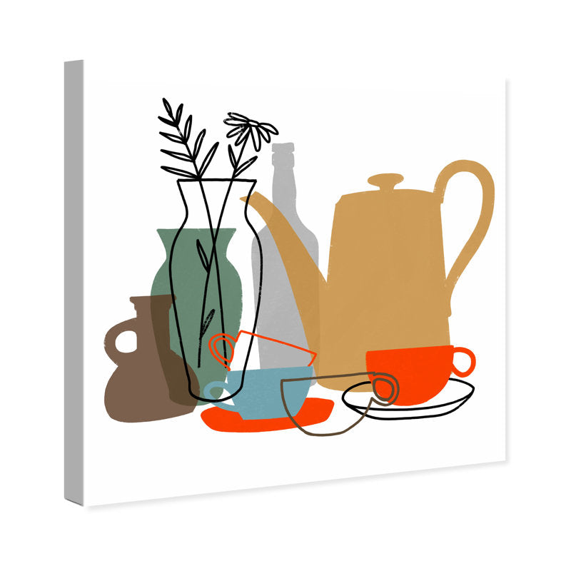 Charming Oil Painting of Morning Tea with Elegant Teapot and Floral Arrangements