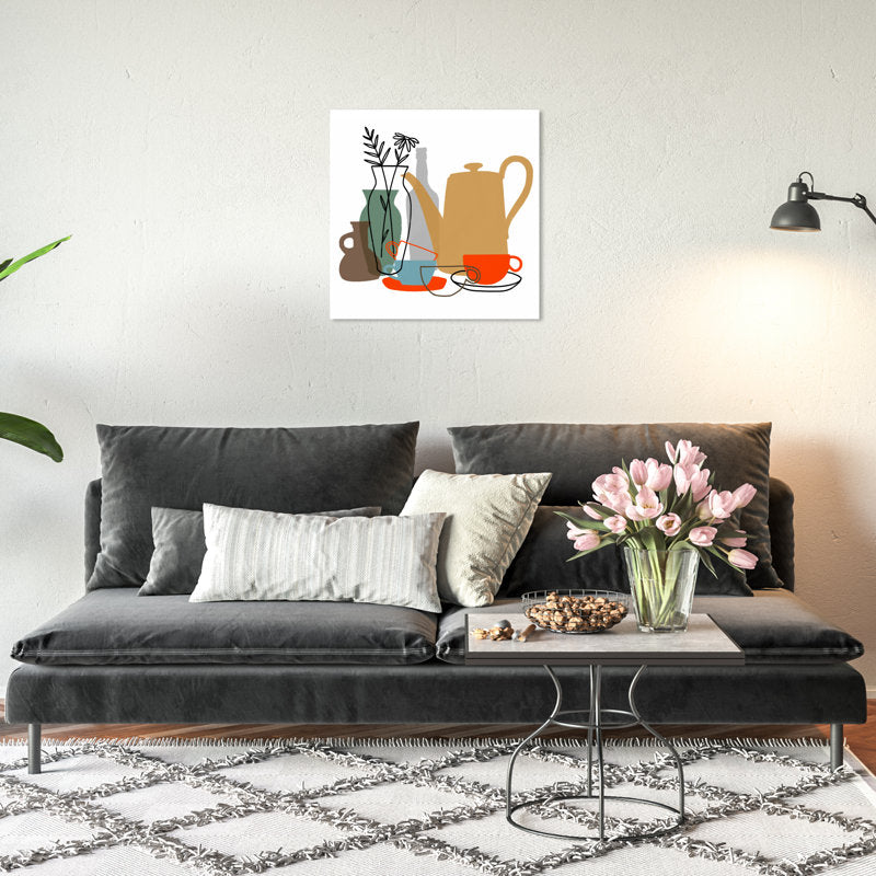 Charming Oil Painting of Morning Tea with Elegant Teapot and Floral Arrangements