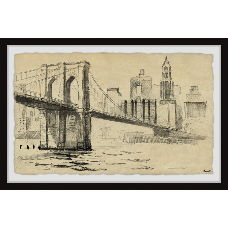 Stunning Oil Painting of Brooklyn Bridge Over Water with New York Skyline