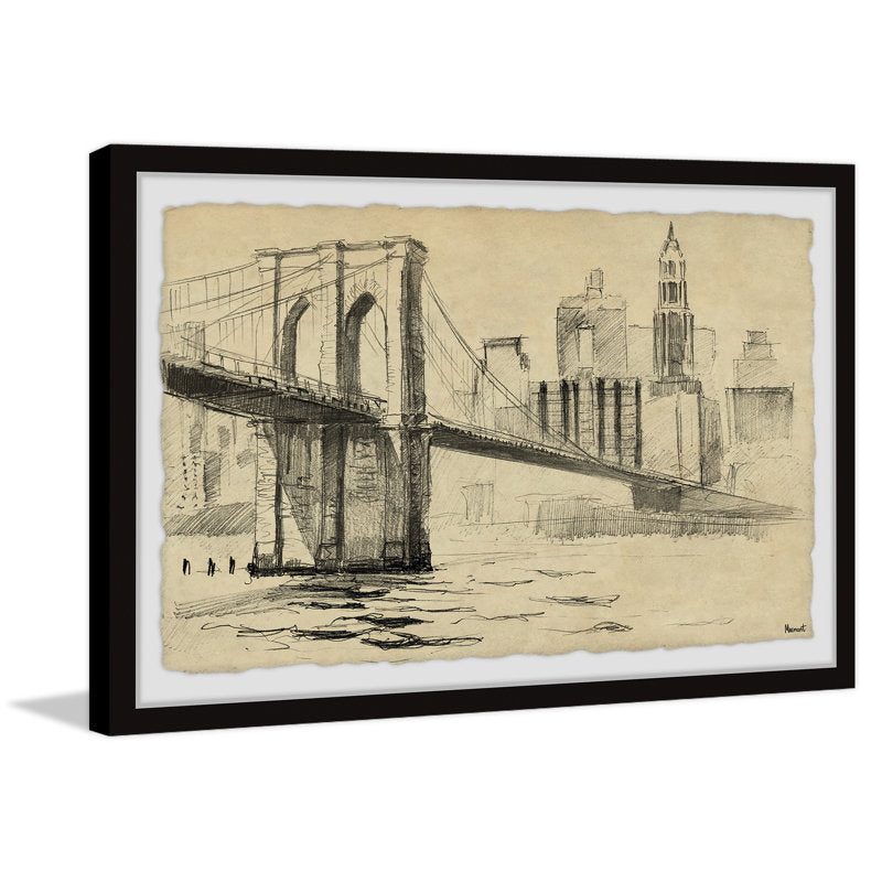 Stunning Oil Painting of Brooklyn Bridge Over Water with New York Skyline