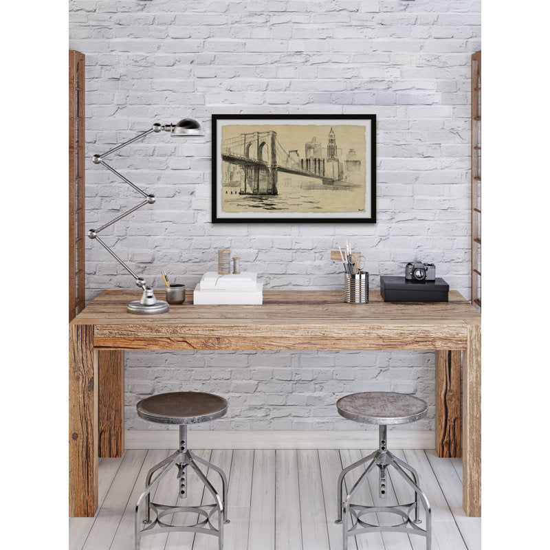 Stunning Oil Painting of Brooklyn Bridge Over Water with New York Skyline