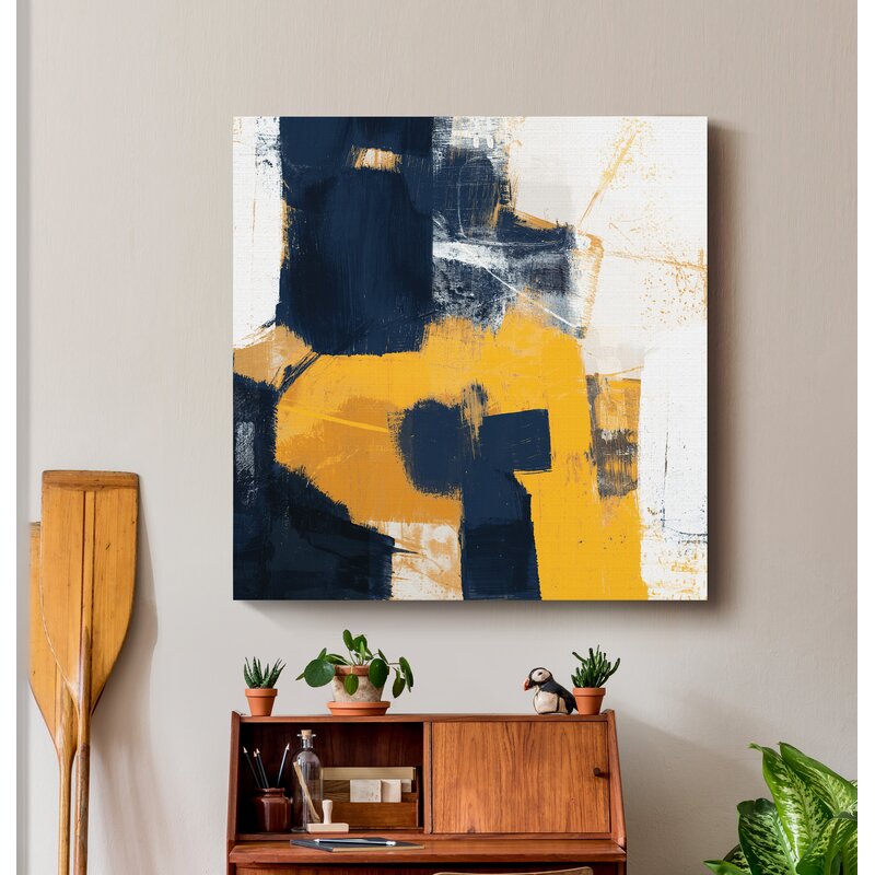 Navy and Gold Abstract Oil Painting for Modern Home Decor