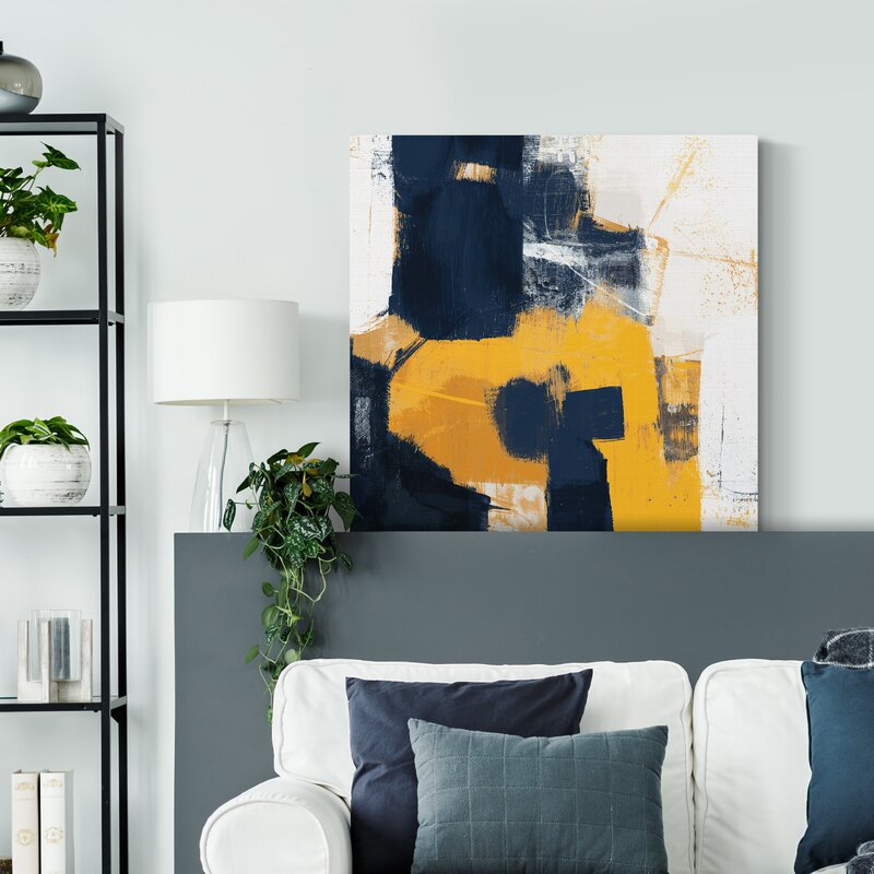 Navy and Gold Abstract Oil Painting for Modern Home Decor