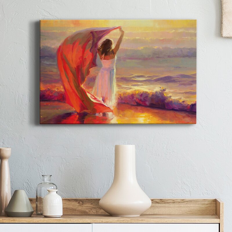 Serene Ocean Sunset: Woman with Flowing Fabric by the Sea