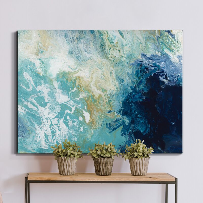 Serene Ocean Waves: Abstract Blue and Teal Oil Painting for Coastal Decor