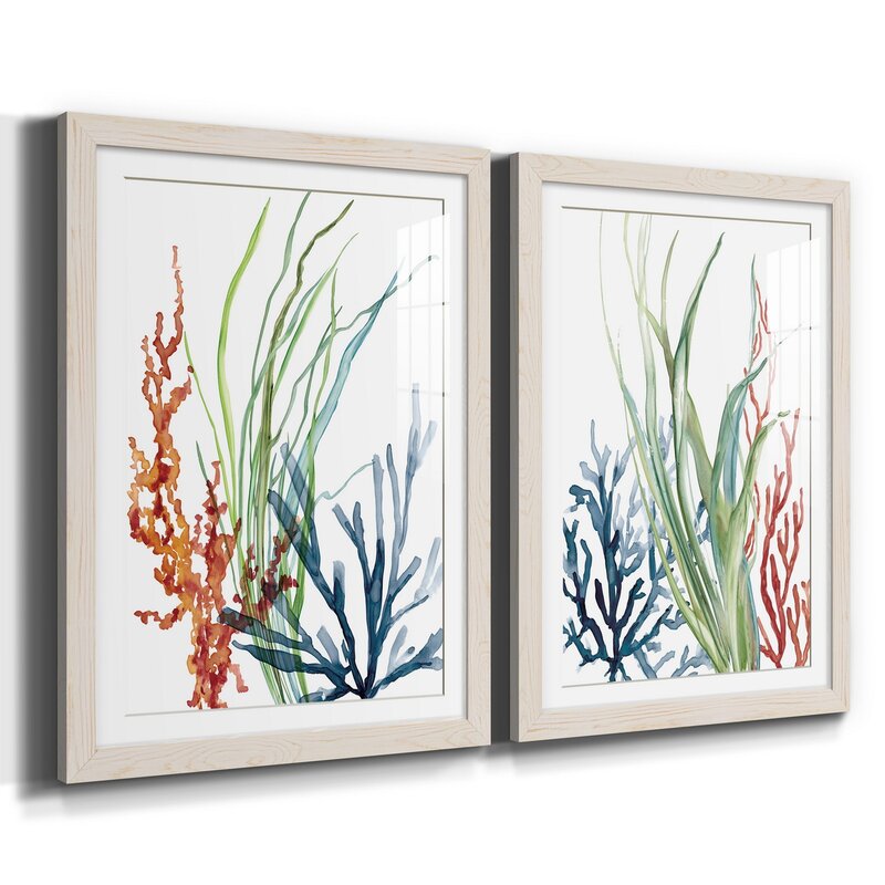 Serene Ocean Garden Art Set - Coastal Inspired Floral Print Pair for Home Decor