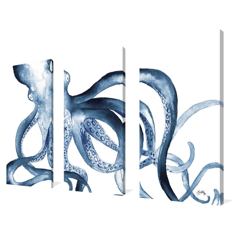 Blue Octopus Art Triptych - Ocean-Inspired Oil Painting Decor