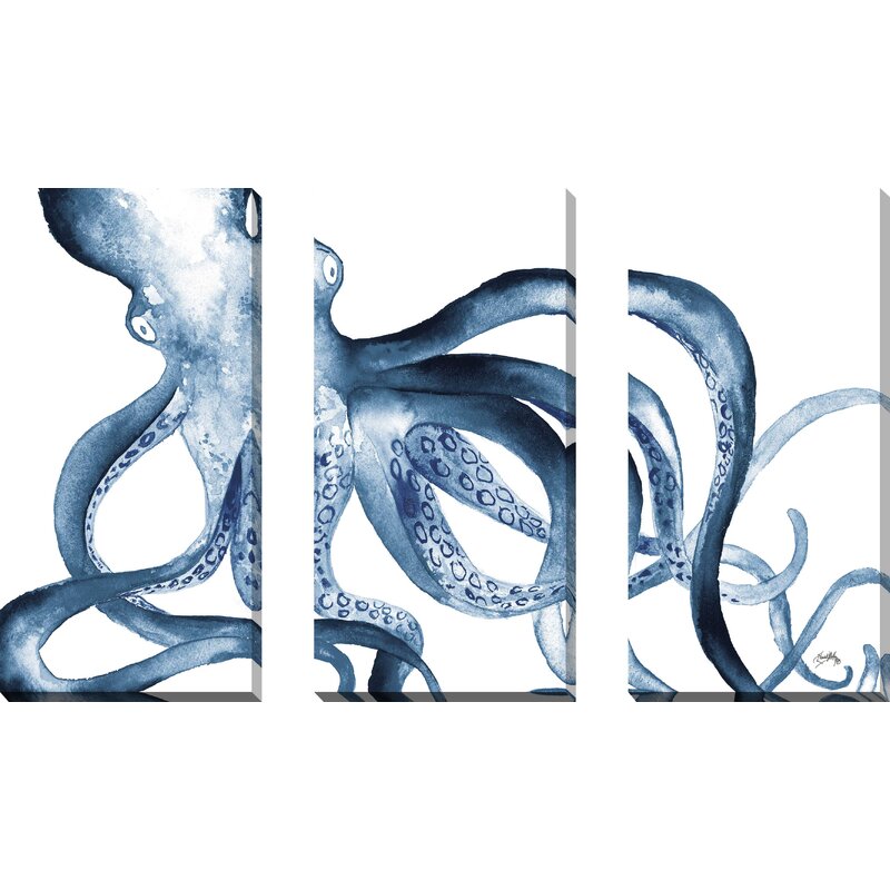 Blue Octopus Art Triptych - Ocean-Inspired Oil Painting Decor
