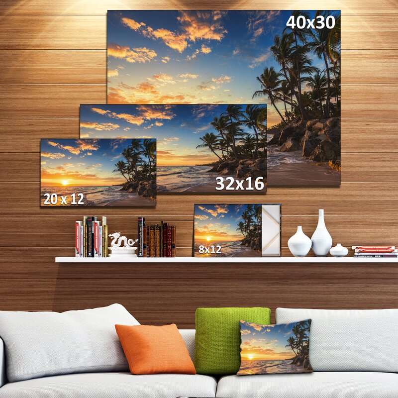 Tropical Paradise Sunset Beach Oil Painting with Palms and Ocean Waves