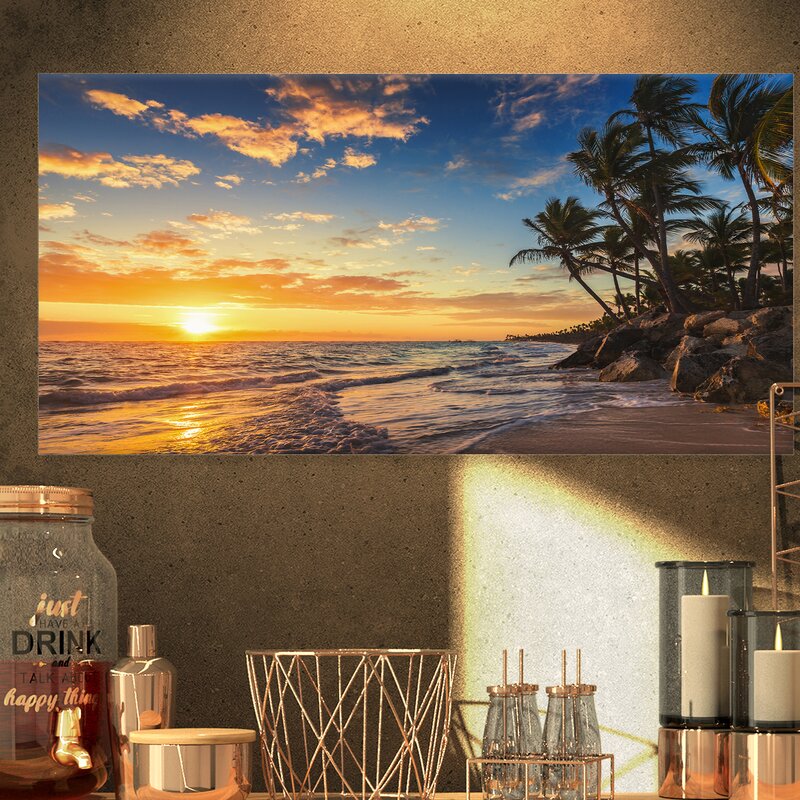 Tropical Paradise Sunset Beach Oil Painting with Palms and Ocean Waves
