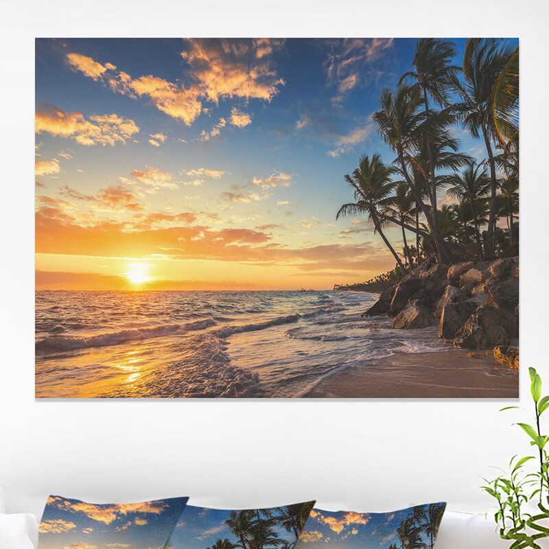 Tropical Paradise Sunset Beach Oil Painting with Palms and Ocean Waves