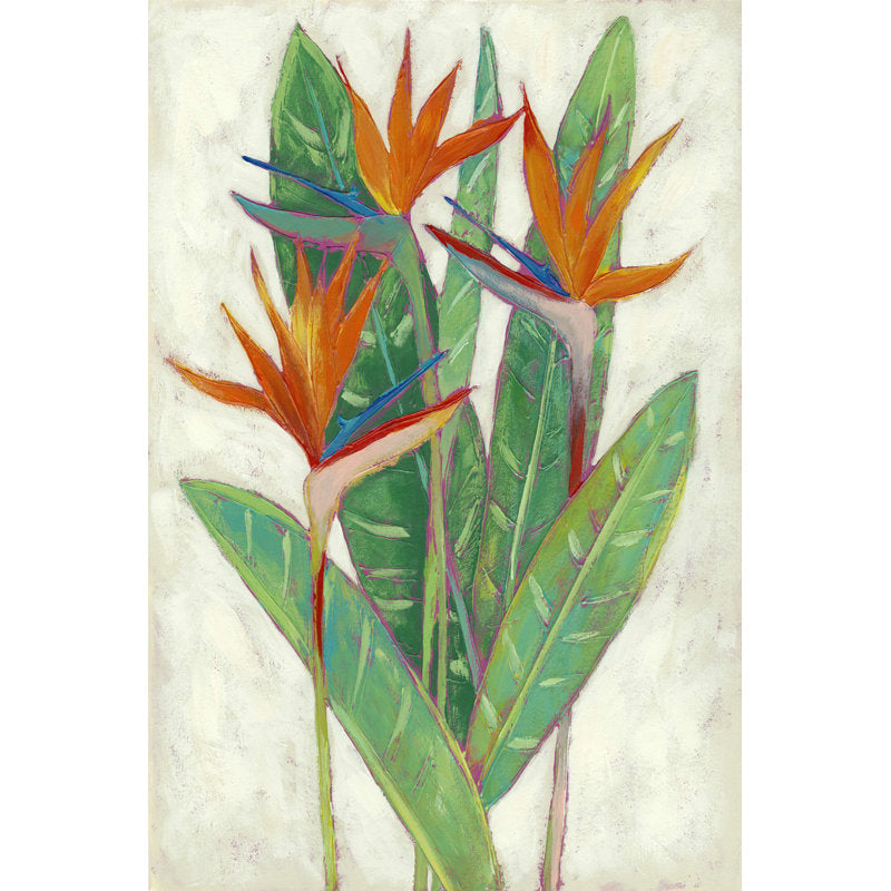 Tropical Paradise: Vibrant Oil Painting of Birds of Paradise Flowers and Lush Green Leaves