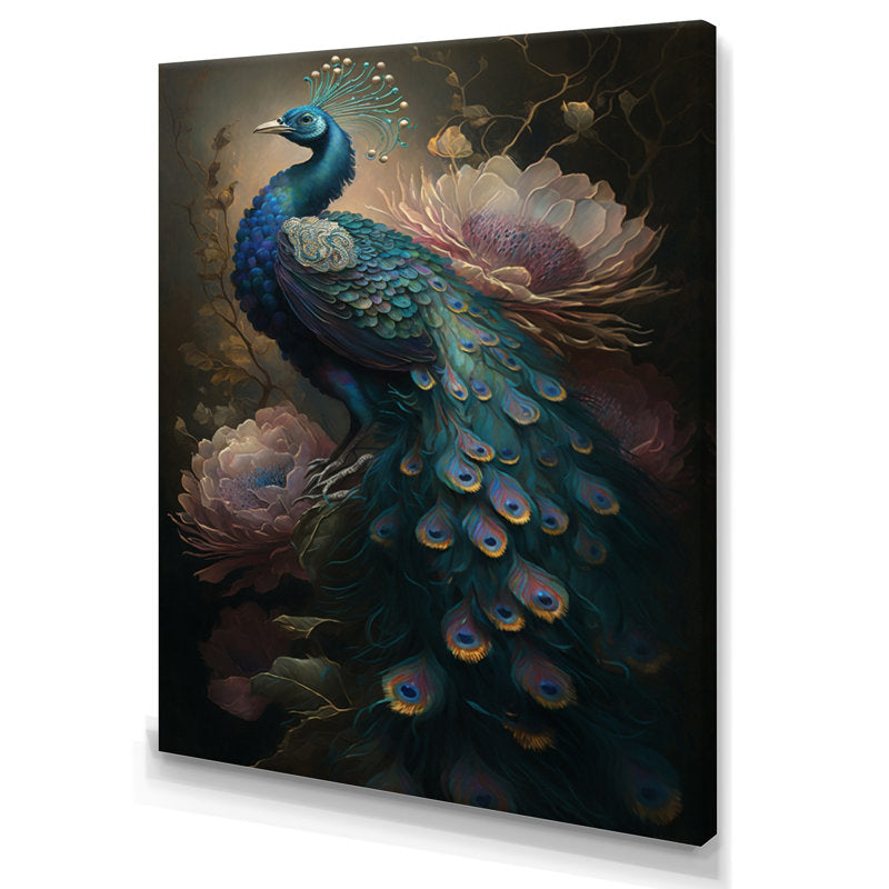 Vibrant Peacock Among Enchanting Floral Landscape Oil Painting