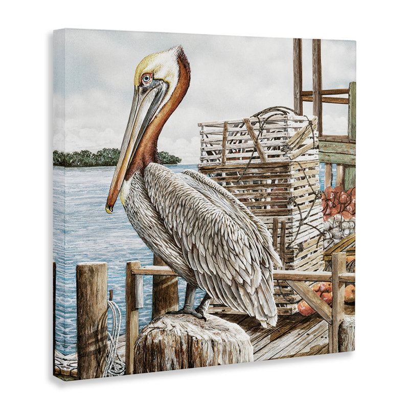 Serene Pelican on a Summer Fishing Dock – Ocean Landscape Oil Painting