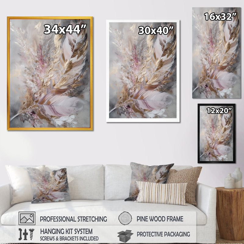 Elegant Pink and Gold Feather Abstract Oil Painting for Boho Home Decor