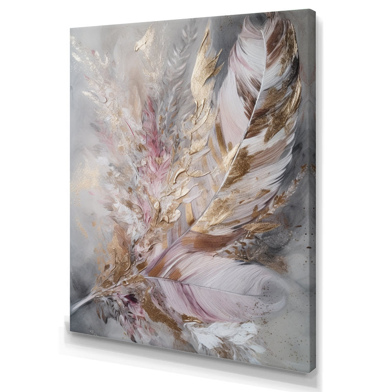 Elegant Pink and Gold Feather Abstract Oil Painting for Boho Home Decor