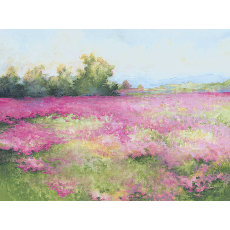 Vibrant Pink and Green Flower Field Landscape Oil Painting for Home Decor