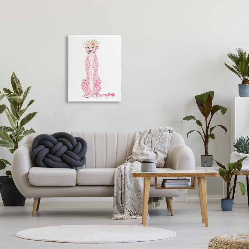 Whimsical Pink Leopard with Floral Crown - Chic Modern Oil Painting