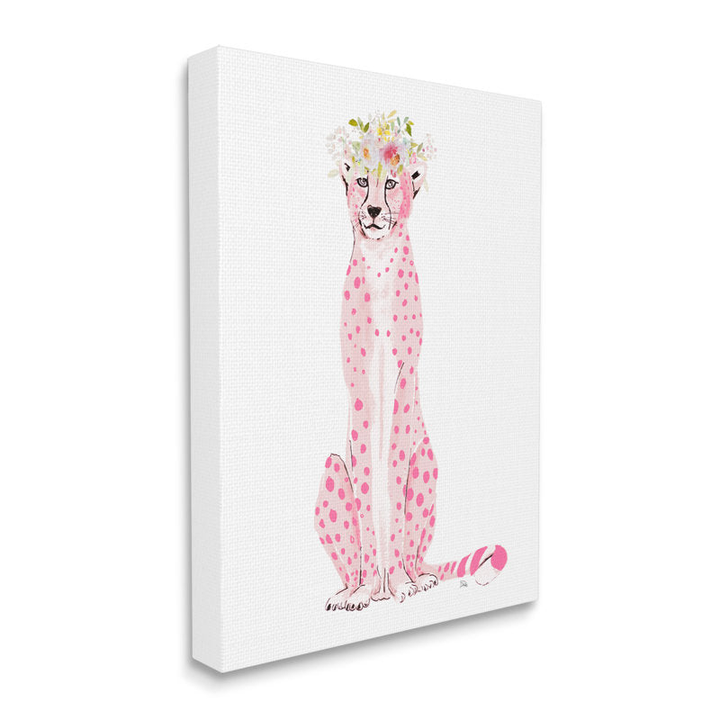 Whimsical Pink Leopard with Floral Crown - Chic Modern Oil Painting