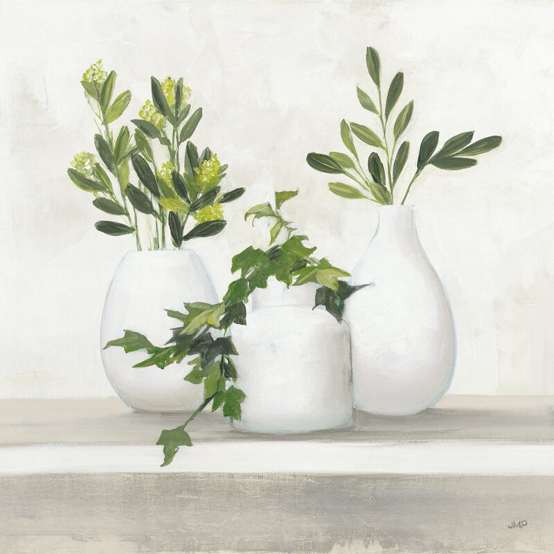 Elegant Botanical Composition with White Vases and Lush Greenery - Modern Art Print