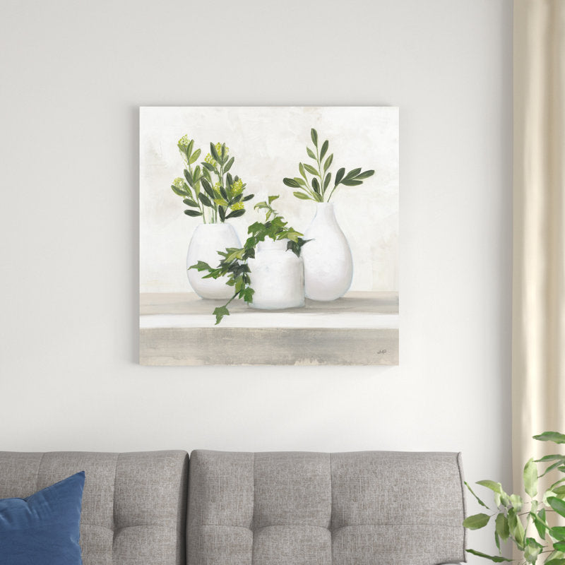 Elegant Botanical Composition with White Vases and Lush Greenery - Modern Art Print