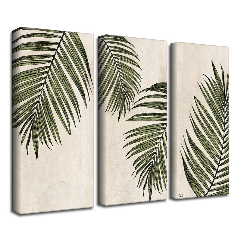 Elegant Green Leaf Triptych Oil Painting for Modern Home Décor