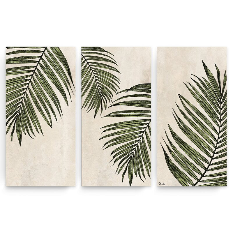 Elegant Green Leaf Triptych Oil Painting for Modern Home Décor