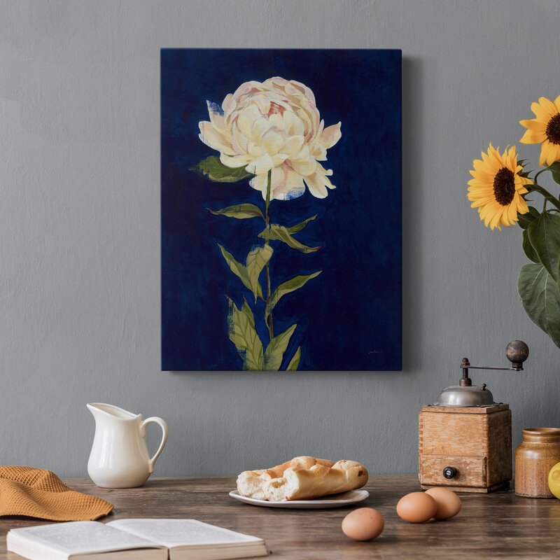 Elegant Peony Flower Oil Painting on Dark Blue Background for Home Decor