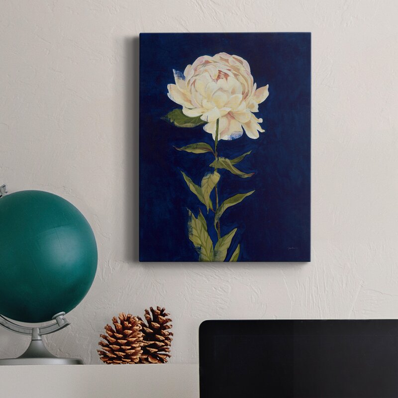 Elegant Peony Flower Oil Painting on Dark Blue Background for Home Decor