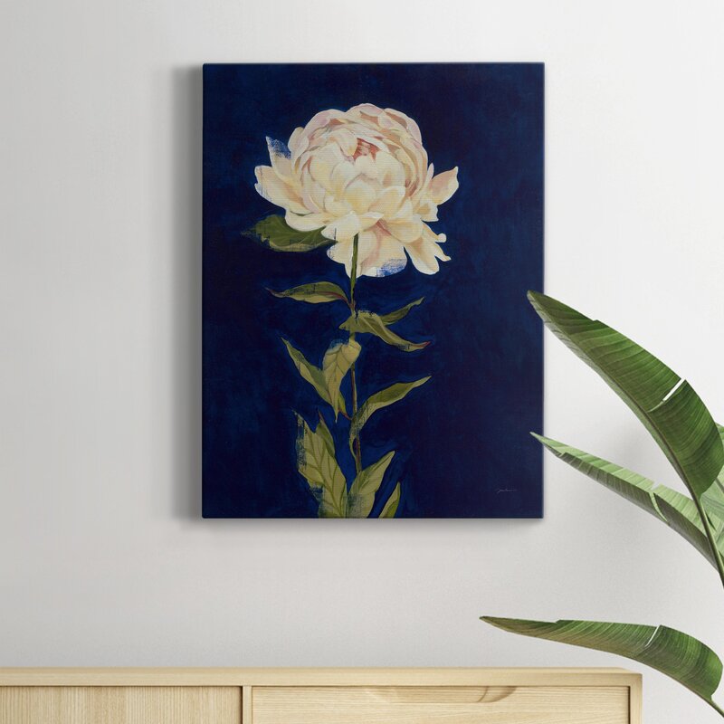 Elegant Peony Flower Oil Painting on Dark Blue Background for Home Decor