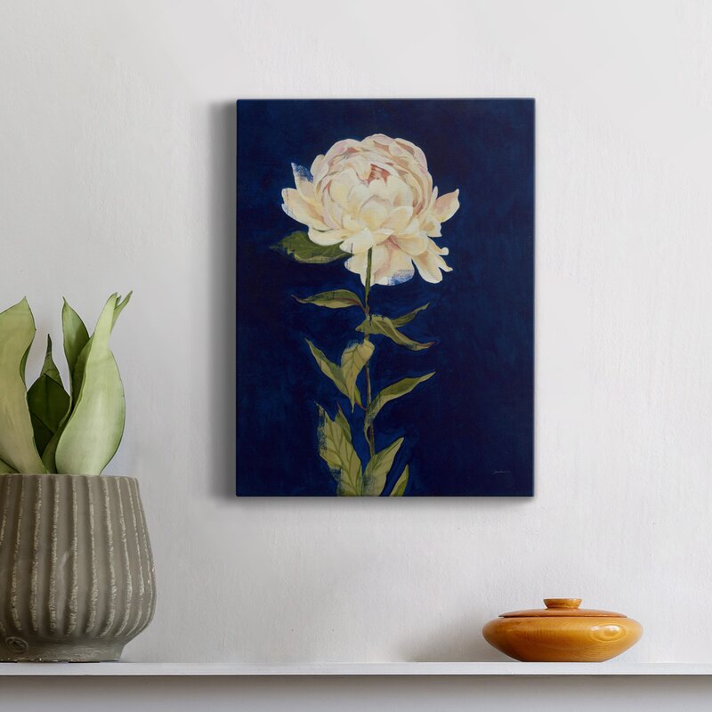 Elegant Peony Flower Oil Painting on Dark Blue Background for Home Decor