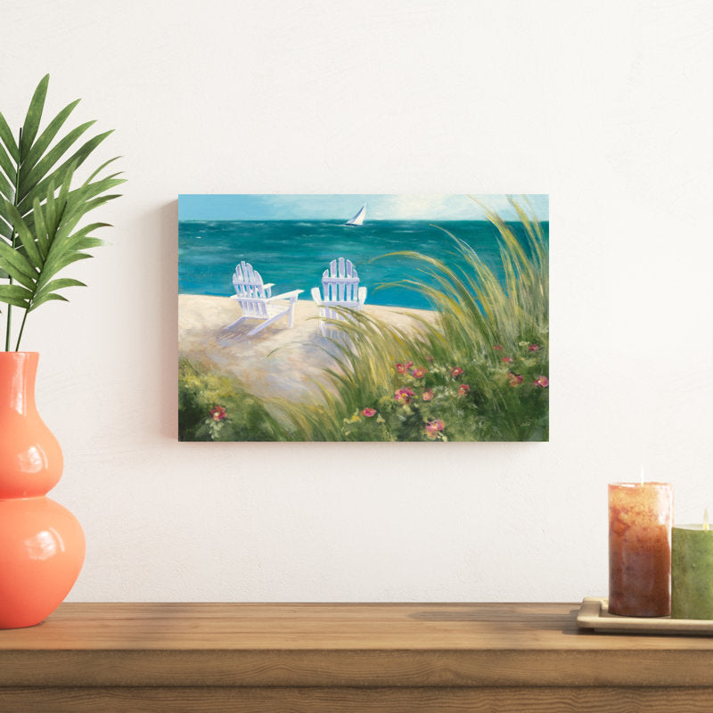 Coastal Serenity: Beach Chairs and Sailboat Oil Painting