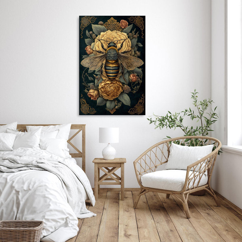 Floral Symphony: Elegant Roses and Majestic Bee Oil Painting