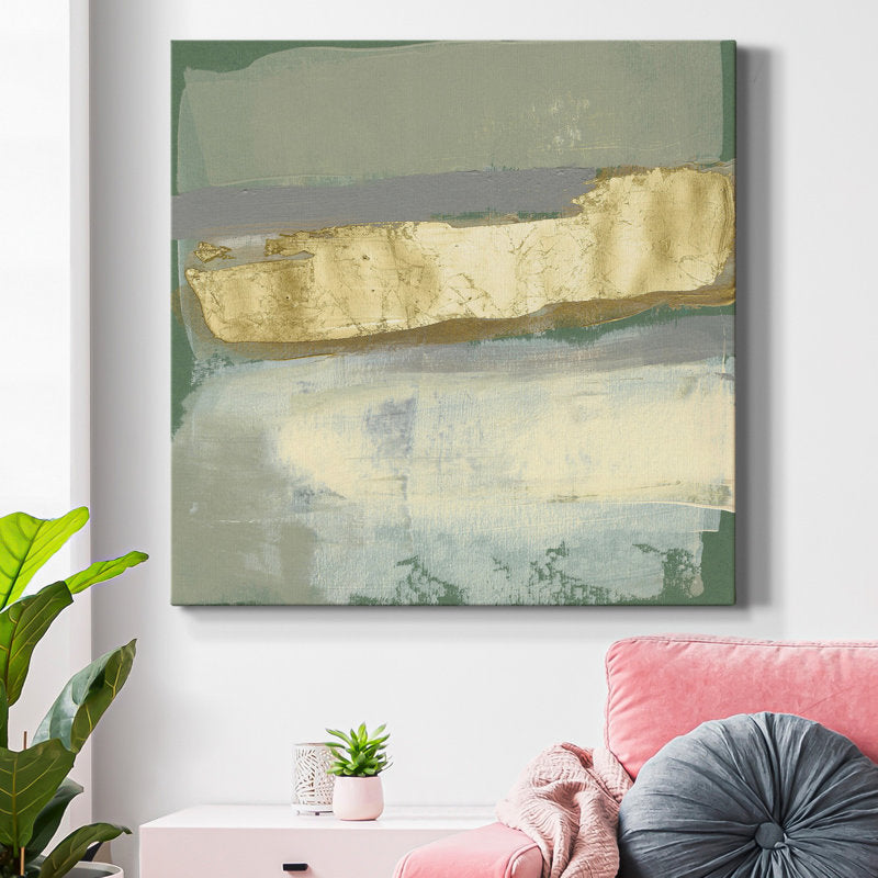 Elegant Sage and Gold Abstract Oil Painting for Modern Home Decor