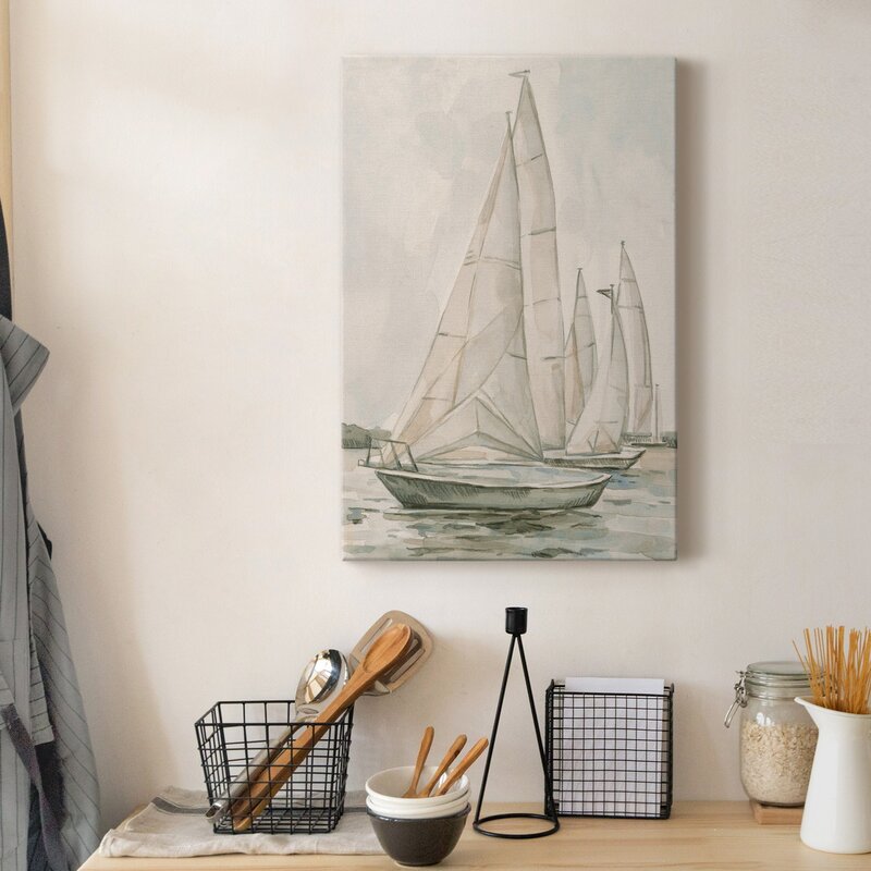 Sailing Serenity: Elegant Oil Painting of Classic Sailboats on Tranquil Waters