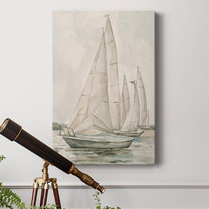 Sailing Serenity: Elegant Oil Painting of Classic Sailboats on Tranquil Waters