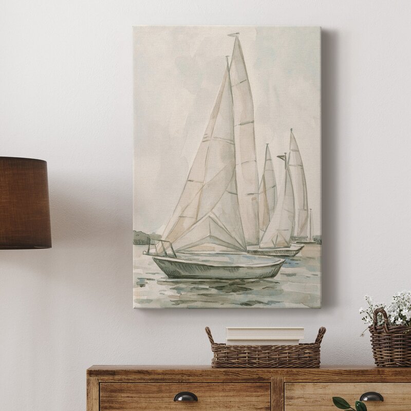 Sailing Serenity: Elegant Oil Painting of Classic Sailboats on Tranquil Waters